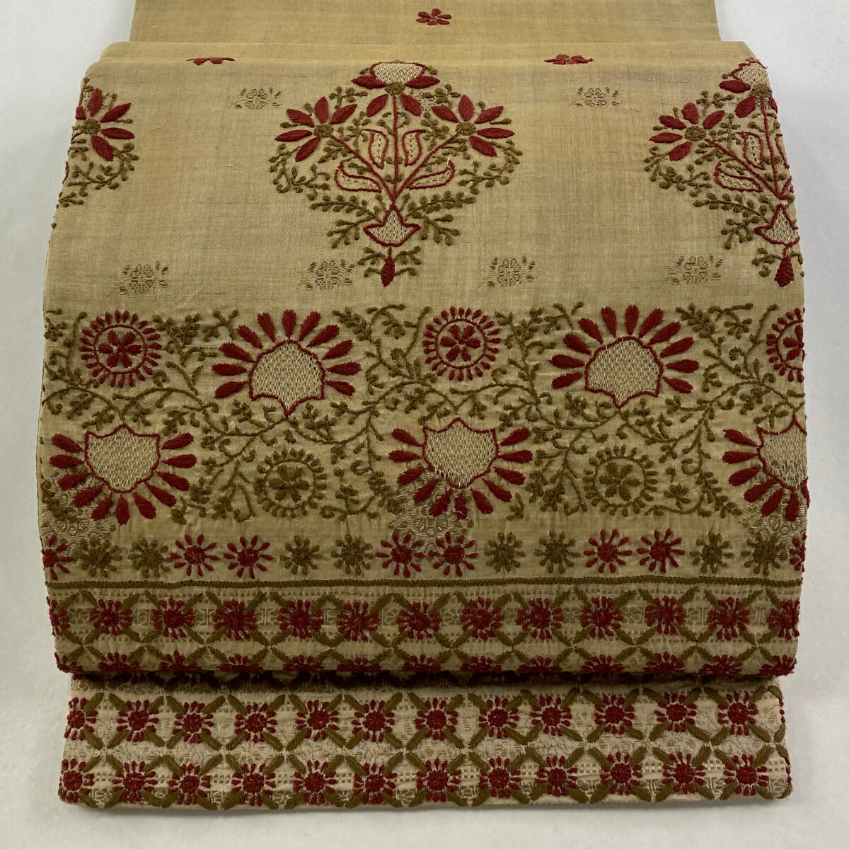 【美品】 袋名古屋帯 逸品 草花 花柄 刺繍 薄茶色 正絹 【中古】