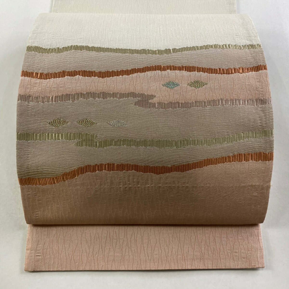 袋名古屋帯 秀品 幾何学 箔 ピンクベージュ 正絹 【中古】