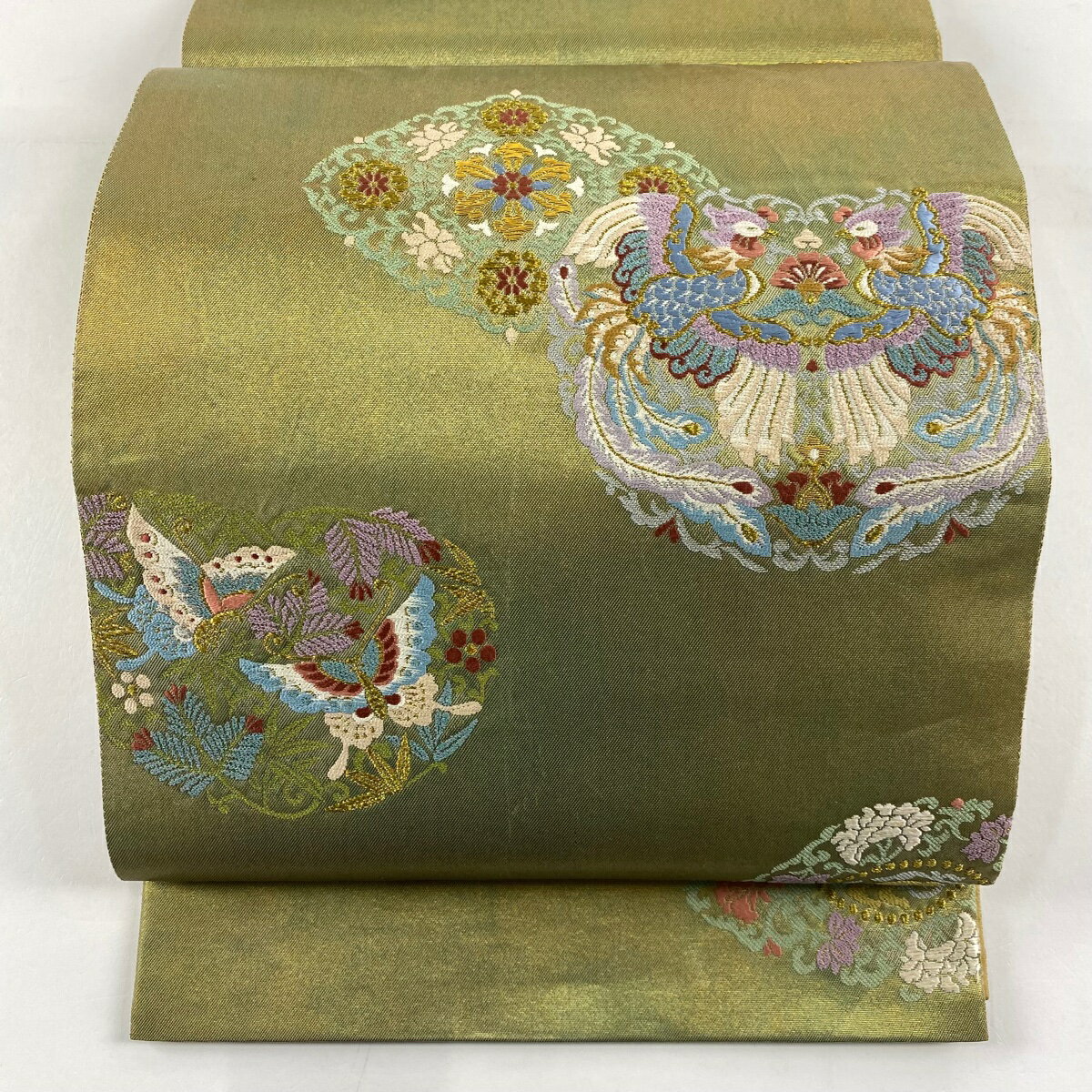 袋帯 秀品 向かい鳥 華文 金銀糸 青銅箔 鶯色 六通 正絹 【中古】