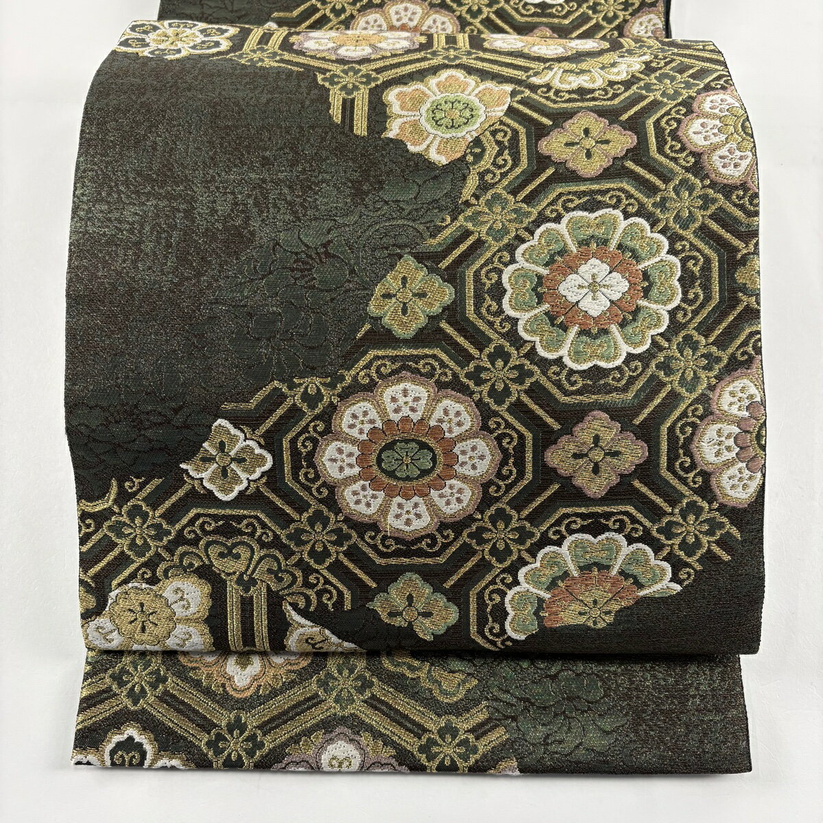 【美品】 袋帯 秀品 華文 花菱 金糸 青銅箔 深緑 六通 正絹 【中古】