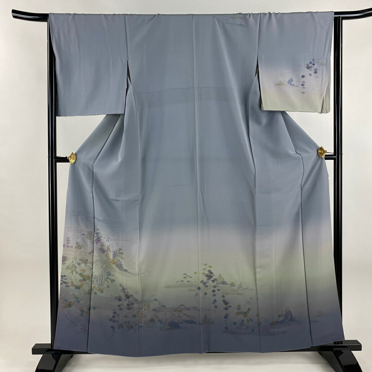 訪問着 身丈159.5cm 裄丈65cm M 袷 建物 松竹梅 刺繍 金糸 青灰色 正絹 秀品 【中古】(4)