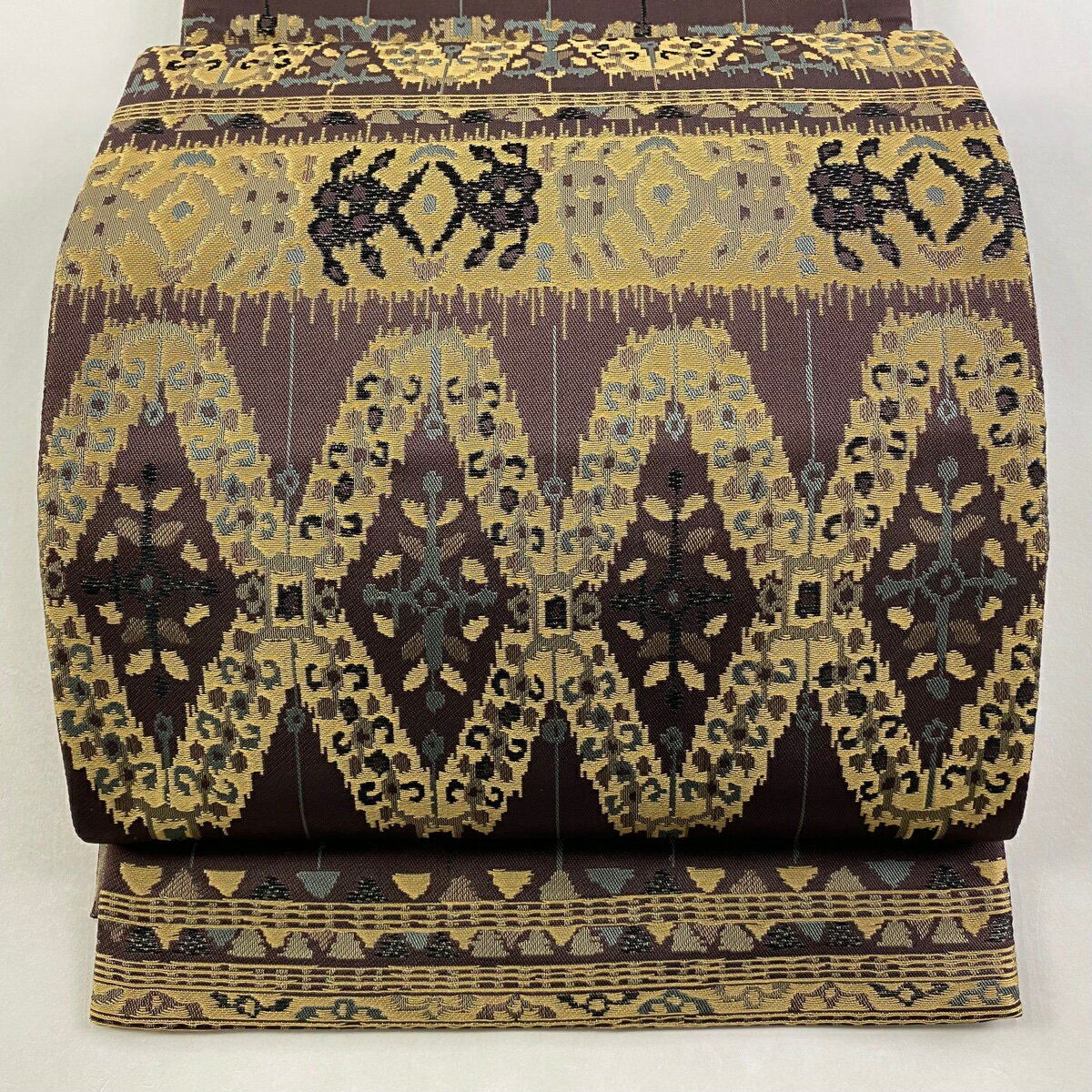 【美品】 袋帯 逸品 誉田屋源兵衛 落款あり 草花 幾何学模様 金糸 茶紫 全通 正絹 【中古】
