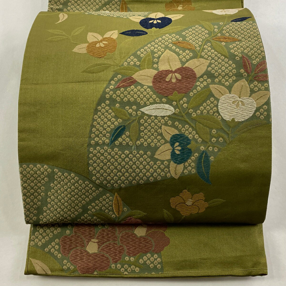 袋名古屋帯 優品 扇面 草花 刺繍 鶯色 化繊 【中古】