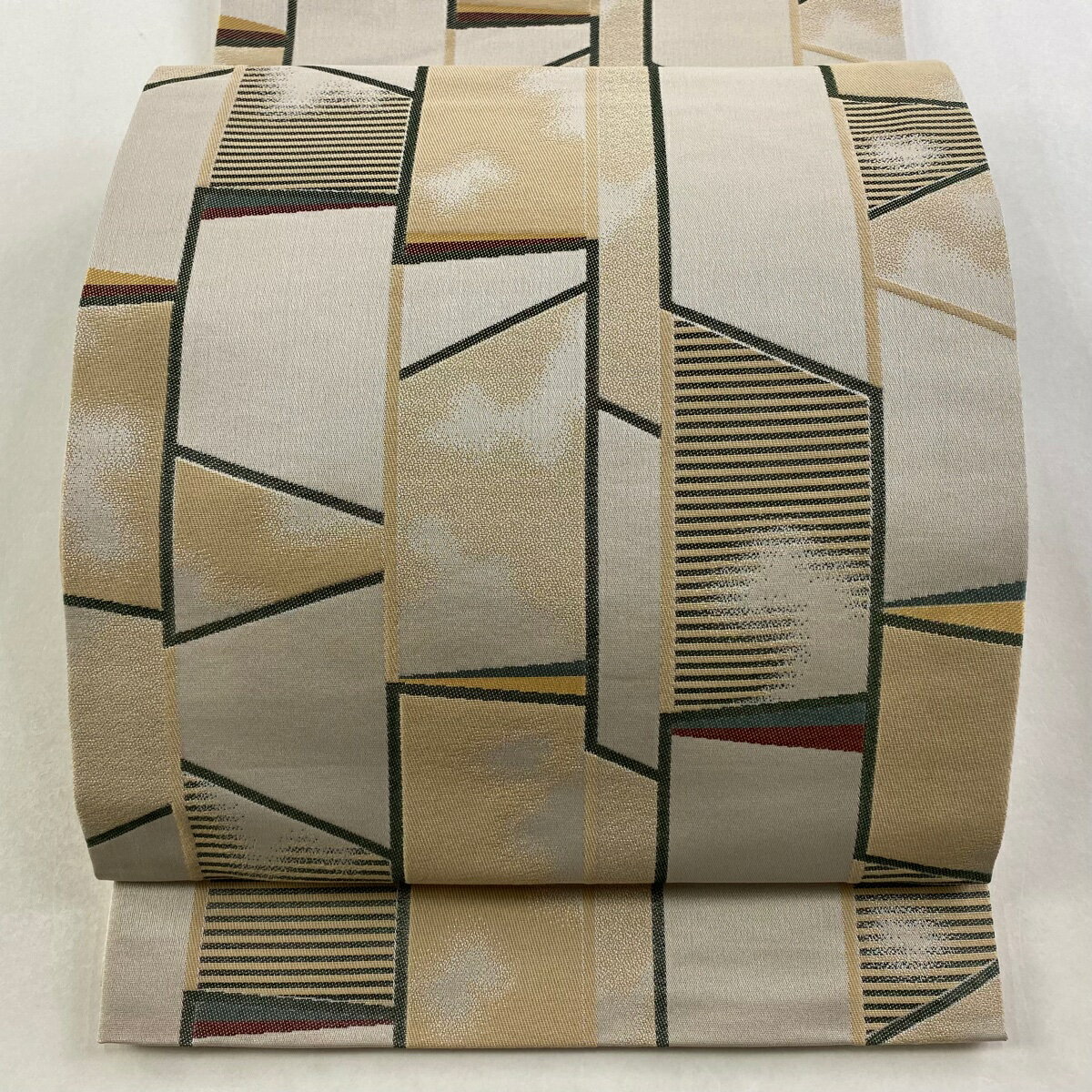【美品】 袋名古屋帯 優品 縞 幾何学模様 ベージュ 化繊 【中古】