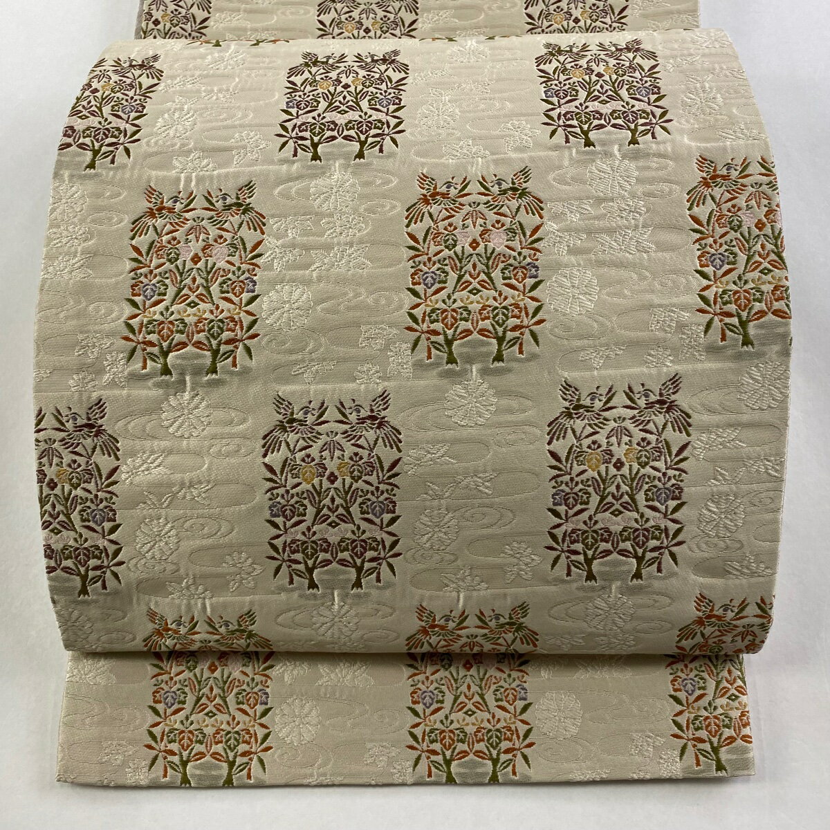 【美品】 袋名古屋帯 優品 草花 向かい鳥 ベージュ 化繊 【中古】