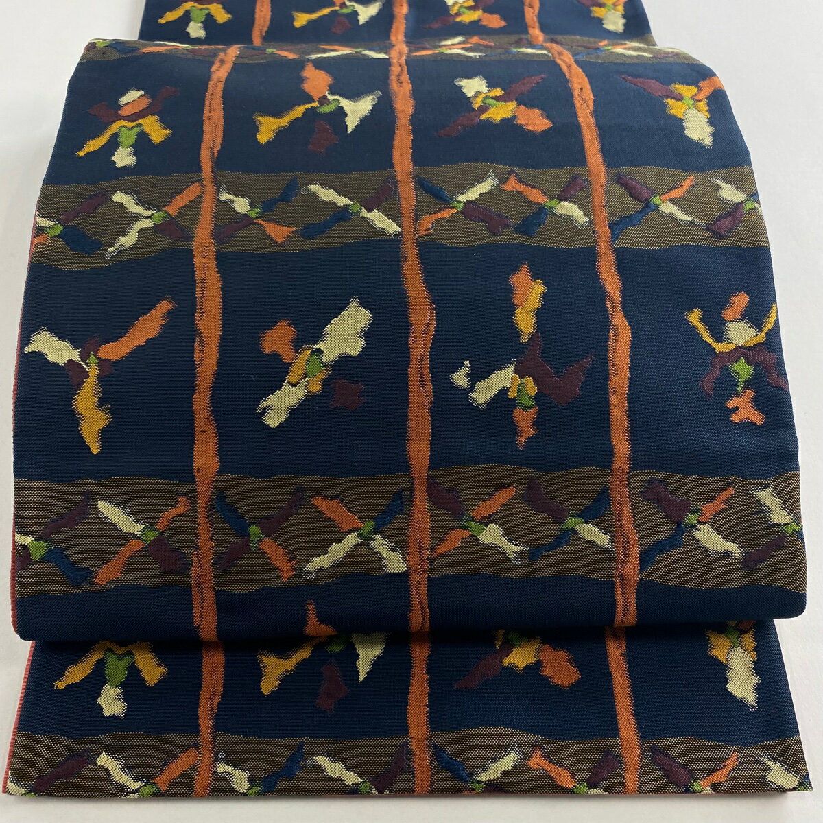 袋名古屋帯 優品 紬地 幾何学模様 縞 濃紺 正絹 【中古】