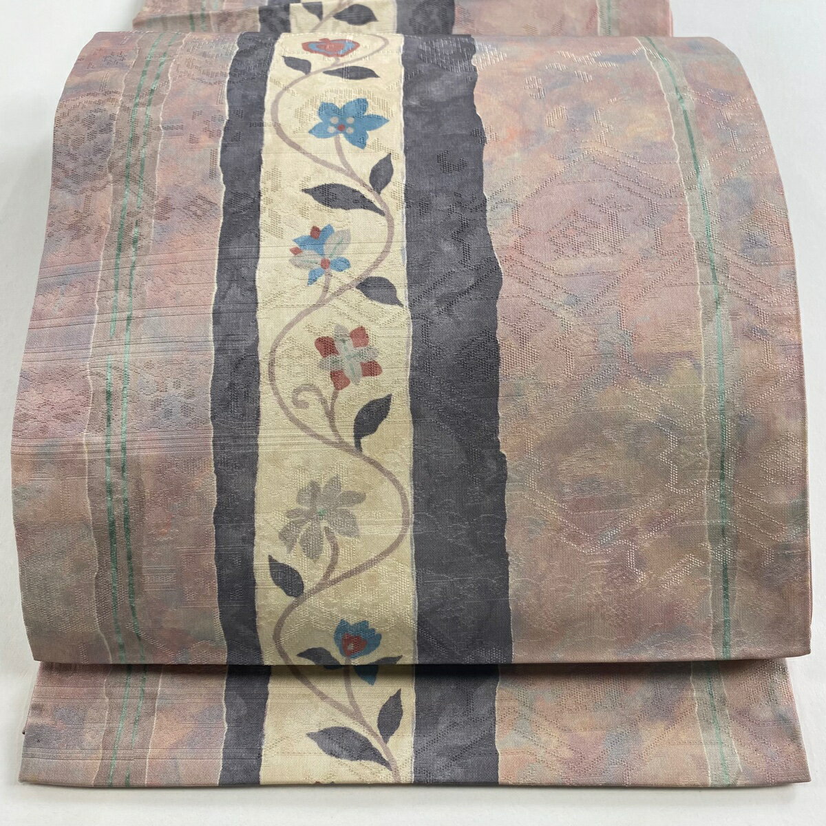【美品】 袋名古屋帯 優品 花唐草 縞 ぼかし 薄小豆 正絹 【中古】
