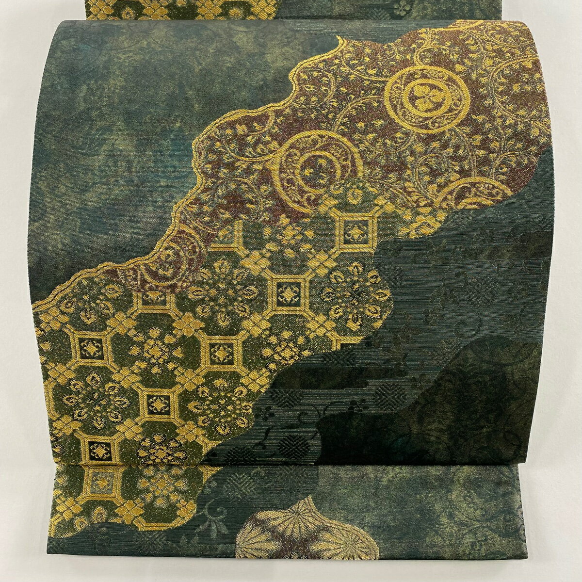 【美品】 袋帯 秀品 道長取り 花唐草 青銅箔 金糸 深緑 六通 正絹 【中古】