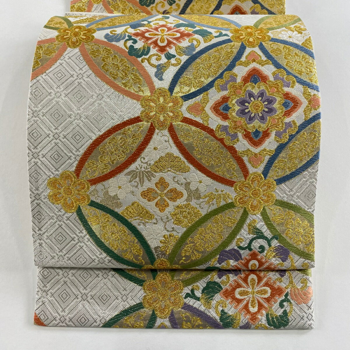 【美品】 袋帯 秀品 七宝華文 菱 金糸 箔 銀色 六通 正絹 【中古】