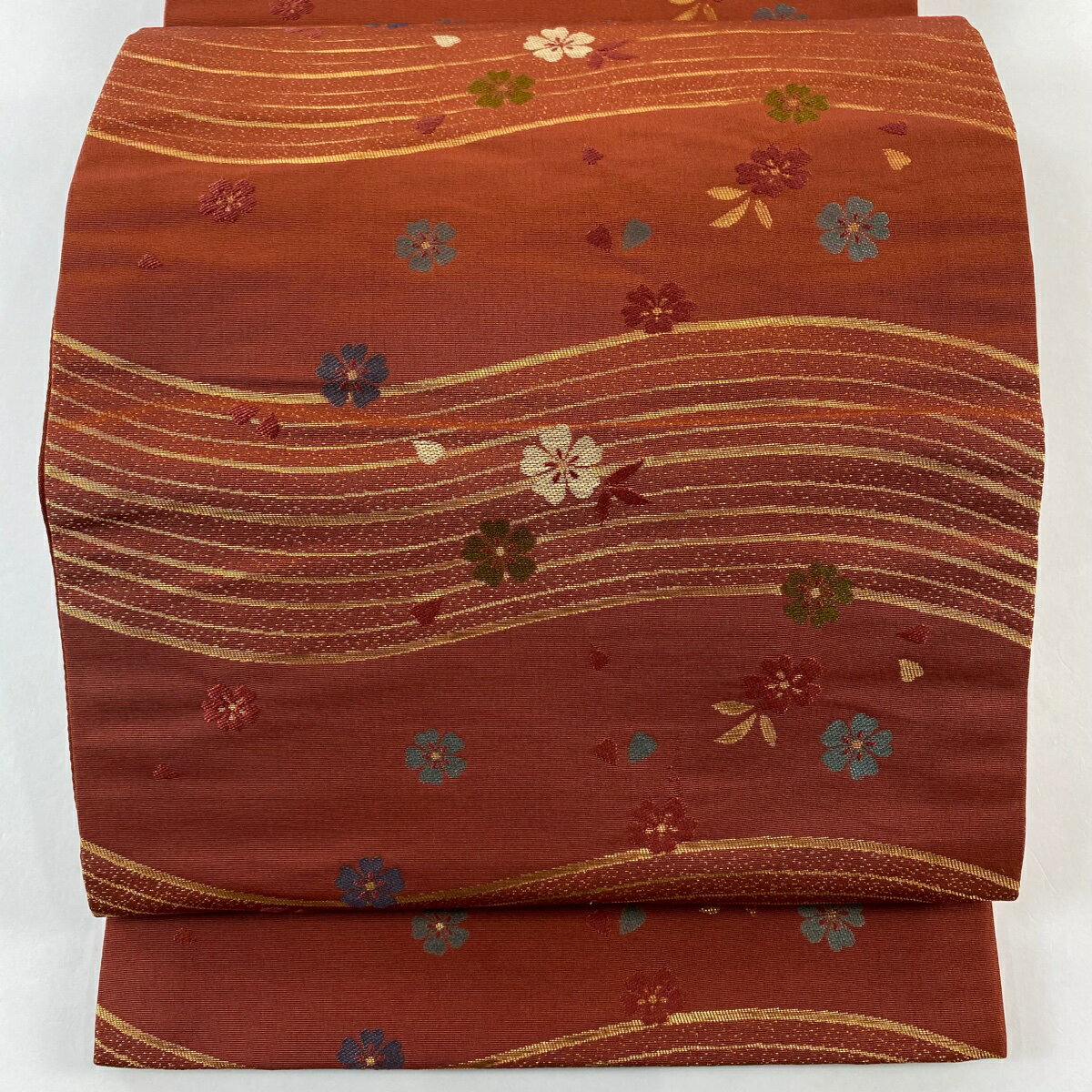 【美品】 袋名古屋帯 優品 桜 よろけ縞 箔 赤茶 正絹 【中古】