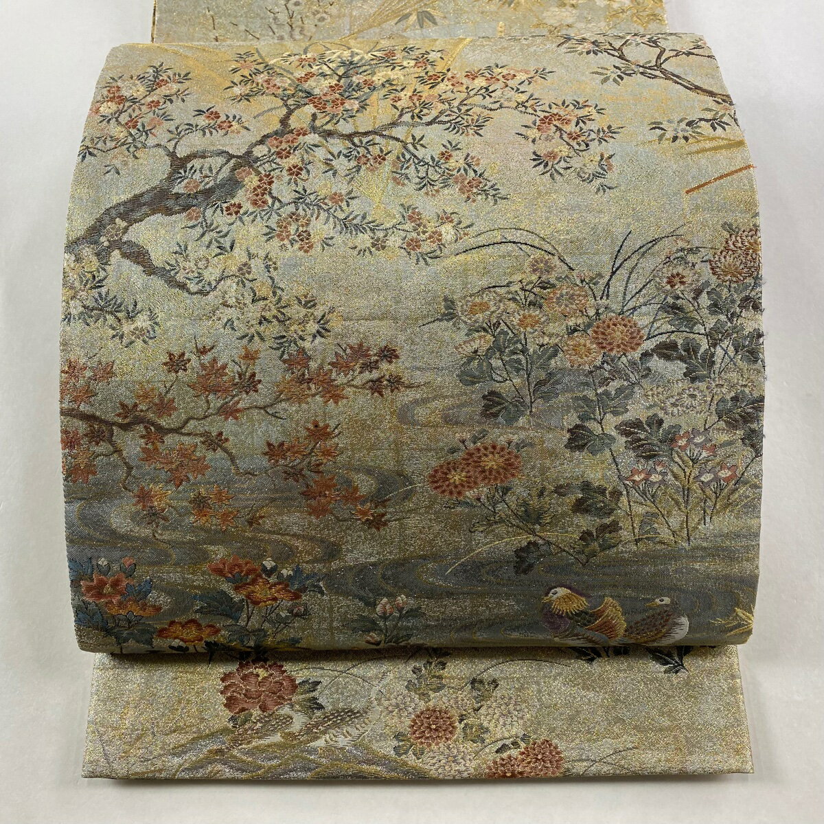 【美品】 丸帯 名品 桃山扇面屏風文 花鳥 箔 金糸 銀色 お太鼓柄 正絹 【中古】(4)