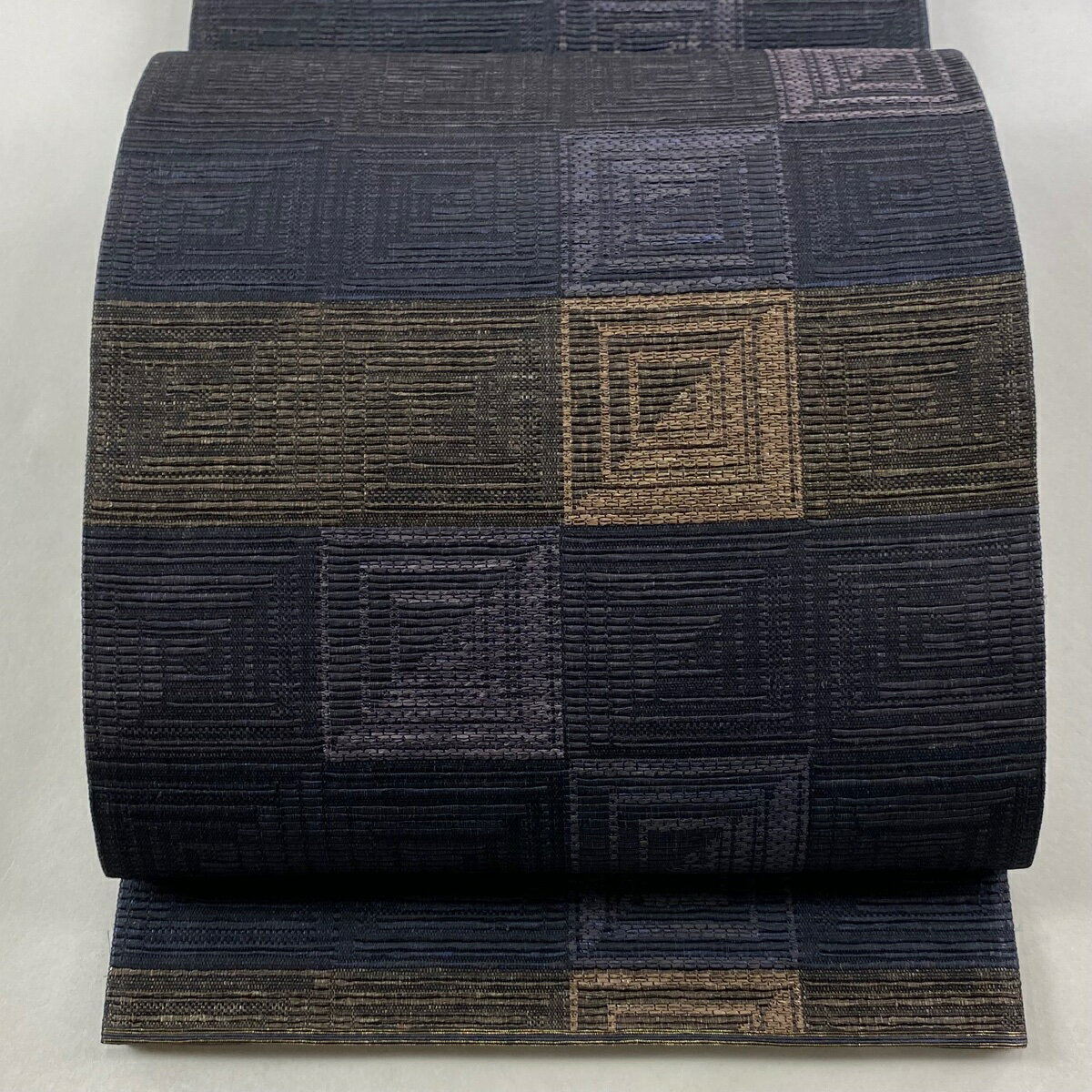 袋帯 名品 花井幸子 落款あり 入れ子枡 箔 濃紫 六通 正絹 【中古】