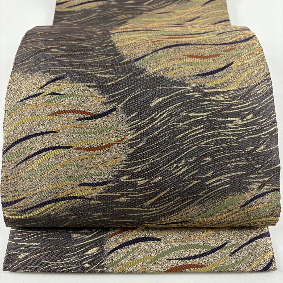 【美品】 袋帯 名品 落款あり 誠之輔 幾何学 箔 金糸 灰紫 全通 正絹 【中古】