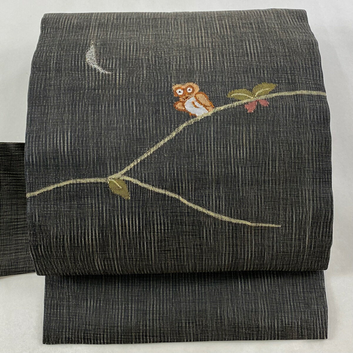 名古屋帯 名品 夏帯 フクロウ 月 銀糸 墨色 正絹 【中古】