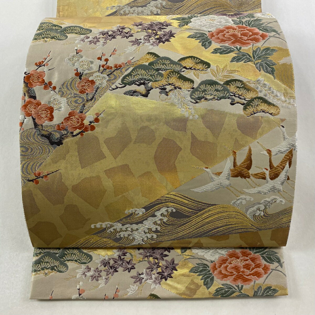 袋帯 秀品 草花 鶴 刺繍 金銀糸 灰茶 六通 正絹 【中古】
