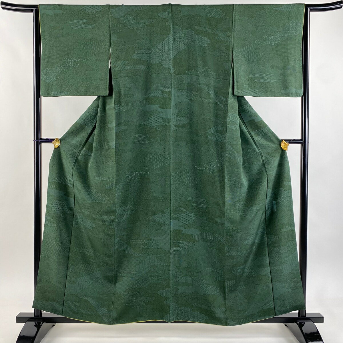【美品】 江戸小紋 身丈159cm 裄丈65cm M 袷 人間国宝 中村勇二郎 落款あり 証紙あり 山並み 霞 緑 正絹 逸品 【中古】