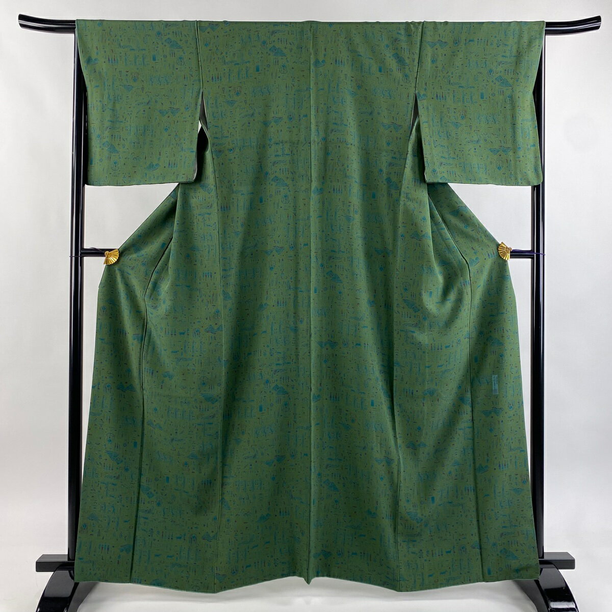 江戸小紋 身丈162cm 裄丈66cm M 袷 人間国宝 中村勇二郎 落款あり コプト柄 緑 正絹 逸品 【中古】