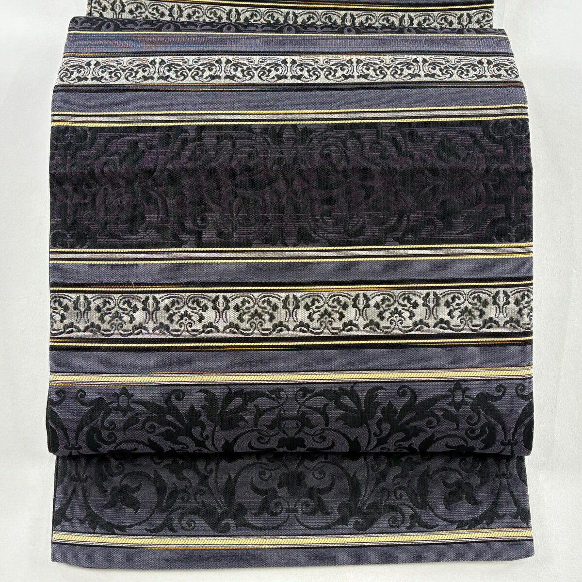 袋帯 秀品 夏帯 花唐草 段縞 灰紫 全通 正絹 【中古】