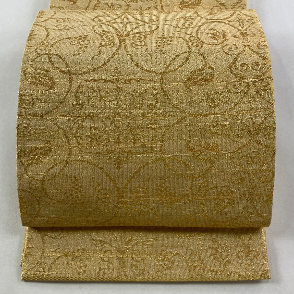 【美品】 袋帯 逸品 桝屋高尾 落款あり 関西仕立て リバーシブル 葡萄唐草 純金綴錦 箔 金色 全通 正絹..