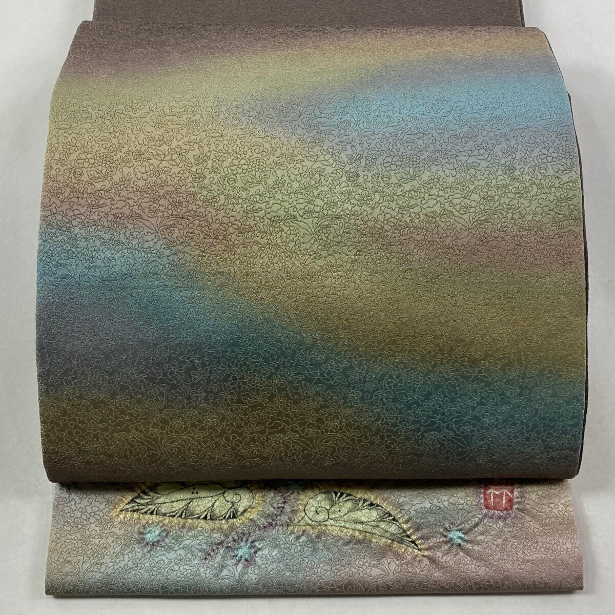 【美品】 袋帯 逸品 久保田一竹工房 落款あり 霞 金通し 灰紫 お太鼓柄 正絹 【中古】