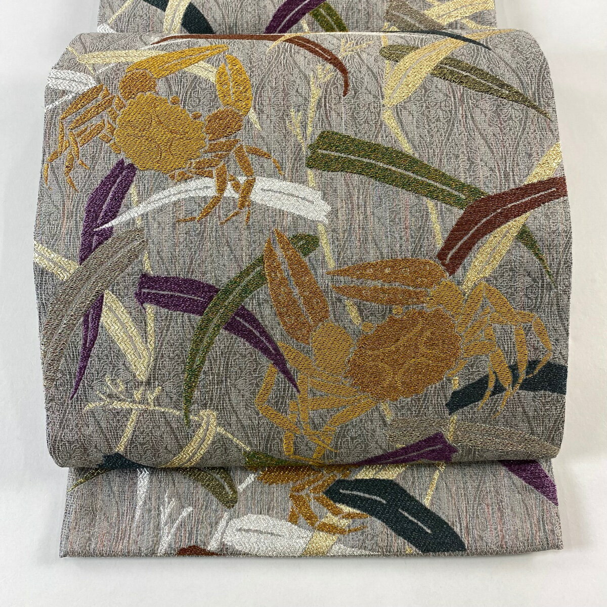 【美品】 袋帯 名品 蟹 葉柄 銀糸 箔 灰色 六通 正絹 【中古】