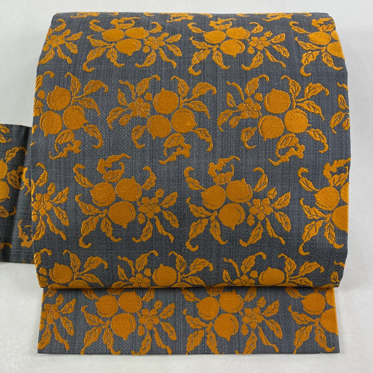 名古屋帯 秀品 草花 生り物 青灰色 正絹 【中古】(4)