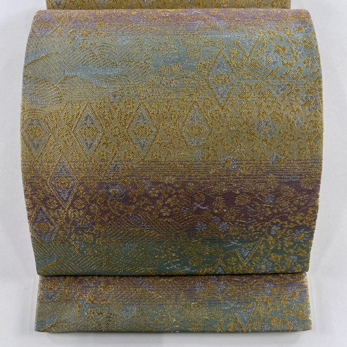 【美品】 袋帯 秀品 菱 花鳥 金銀糸 薄緑 六通 正絹 【中古】