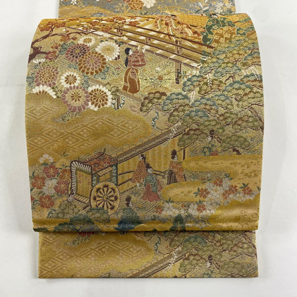 袋帯 秀品 人物 松梅 箔 金色 全通 正絹 【中古】