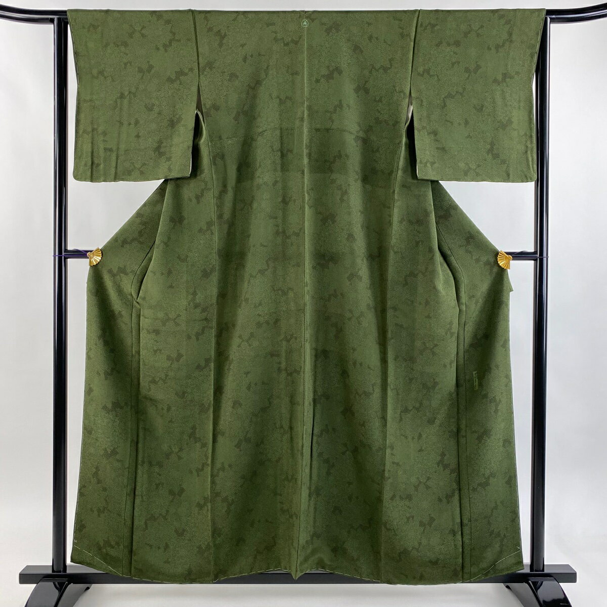 江戸小紋 身丈157.5cm 裄丈63.5cm S 袷 人間国宝 中村勇二郎 銀座もとじ 落款あり 花 寄せ柄 深緑 正絹 逸品 一つ紋 【中古】