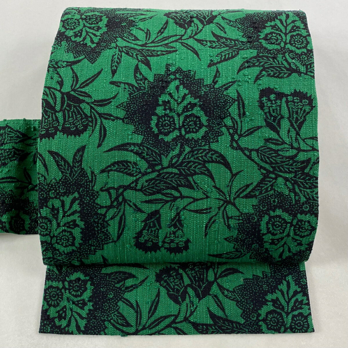 【美品】 名古屋帯 逸品 浦野理一 紬地 草花 緑 正絹 【中古】