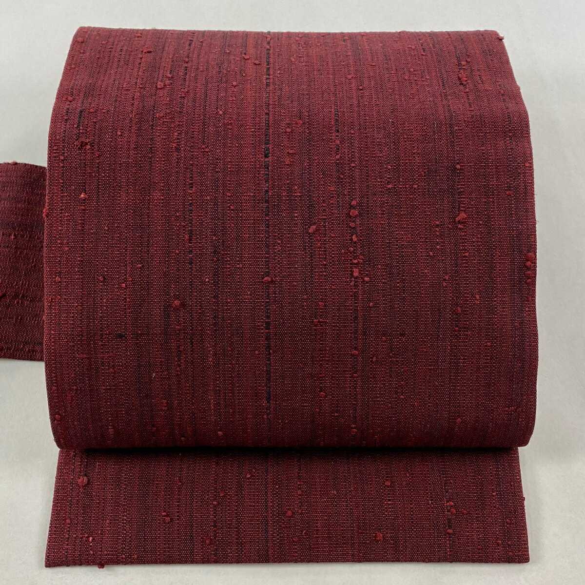 【美品】 名古屋帯 逸品 浦野理一 縦節紬 えんじ色 正絹 【中古】