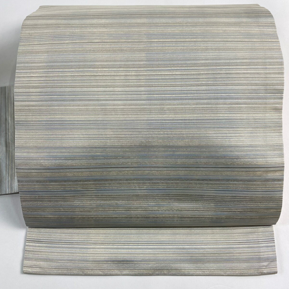 名古屋帯 秀品 縞 銀彩 青灰色 正絹 【中古】