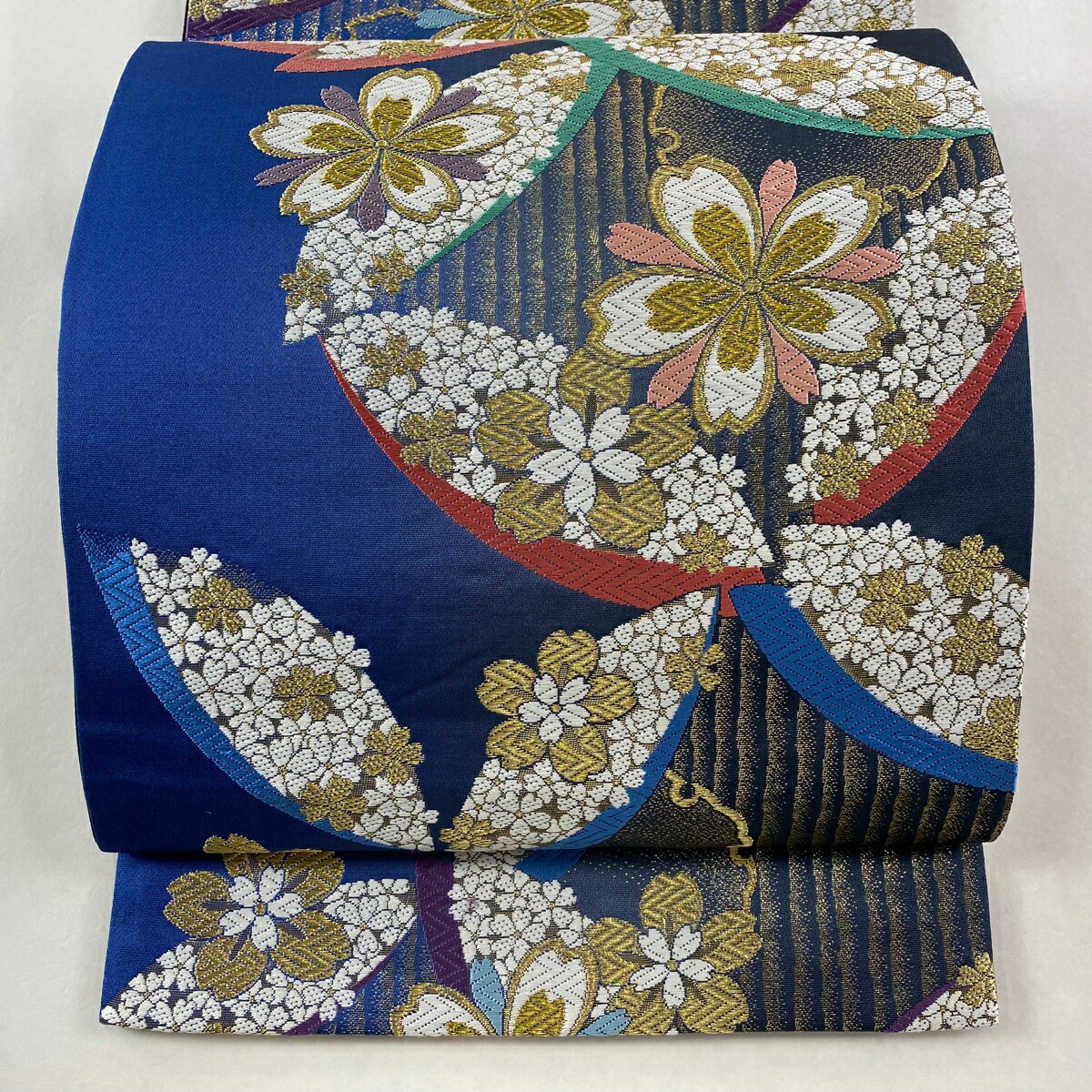 【美品】 袋帯 秀品 桜 七宝 金糸 刺繍 青 六通 正絹 【中古】