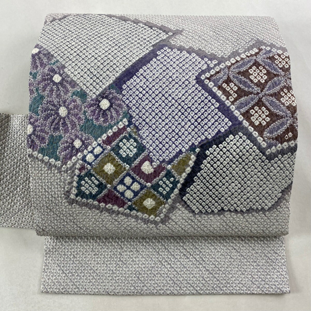 【美品】 名古屋帯 逸品 菊 七宝 絞り 薄紫 正絹 【中古】