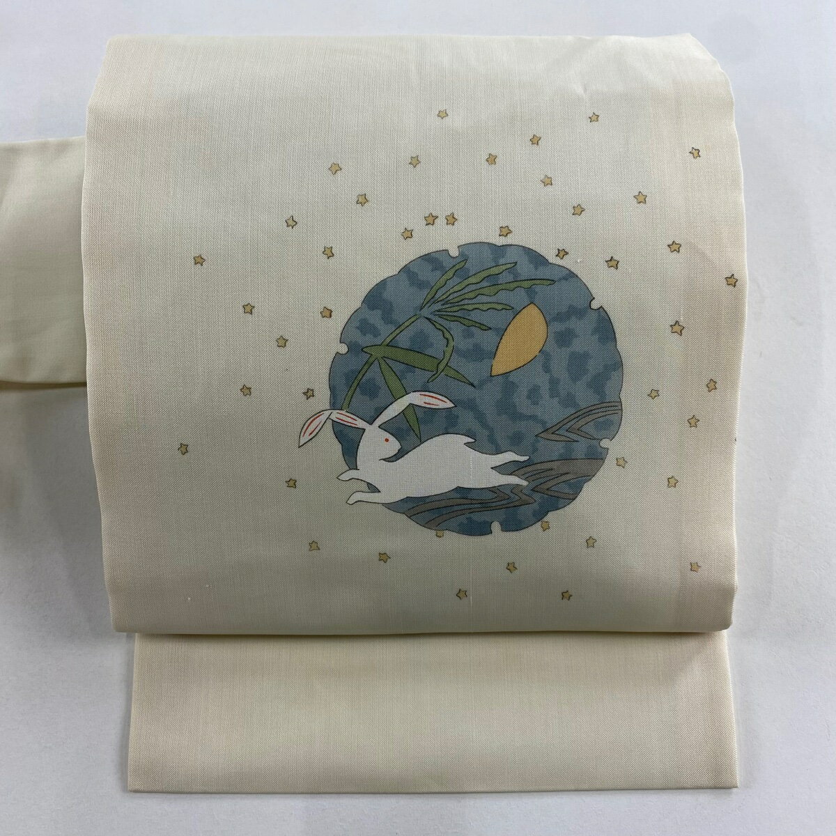 名古屋帯 名品 夏帯 雪輪 うさぎ クリーム 正絹 【中古】