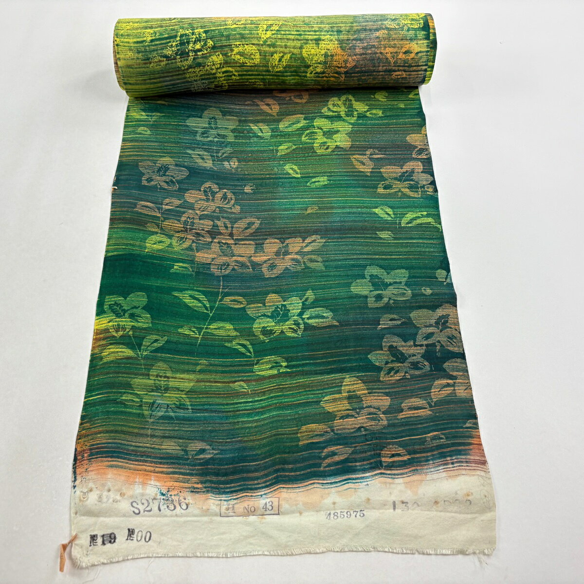 反物 秀品 小紋 草花 縞 緑 正絹 【中古】