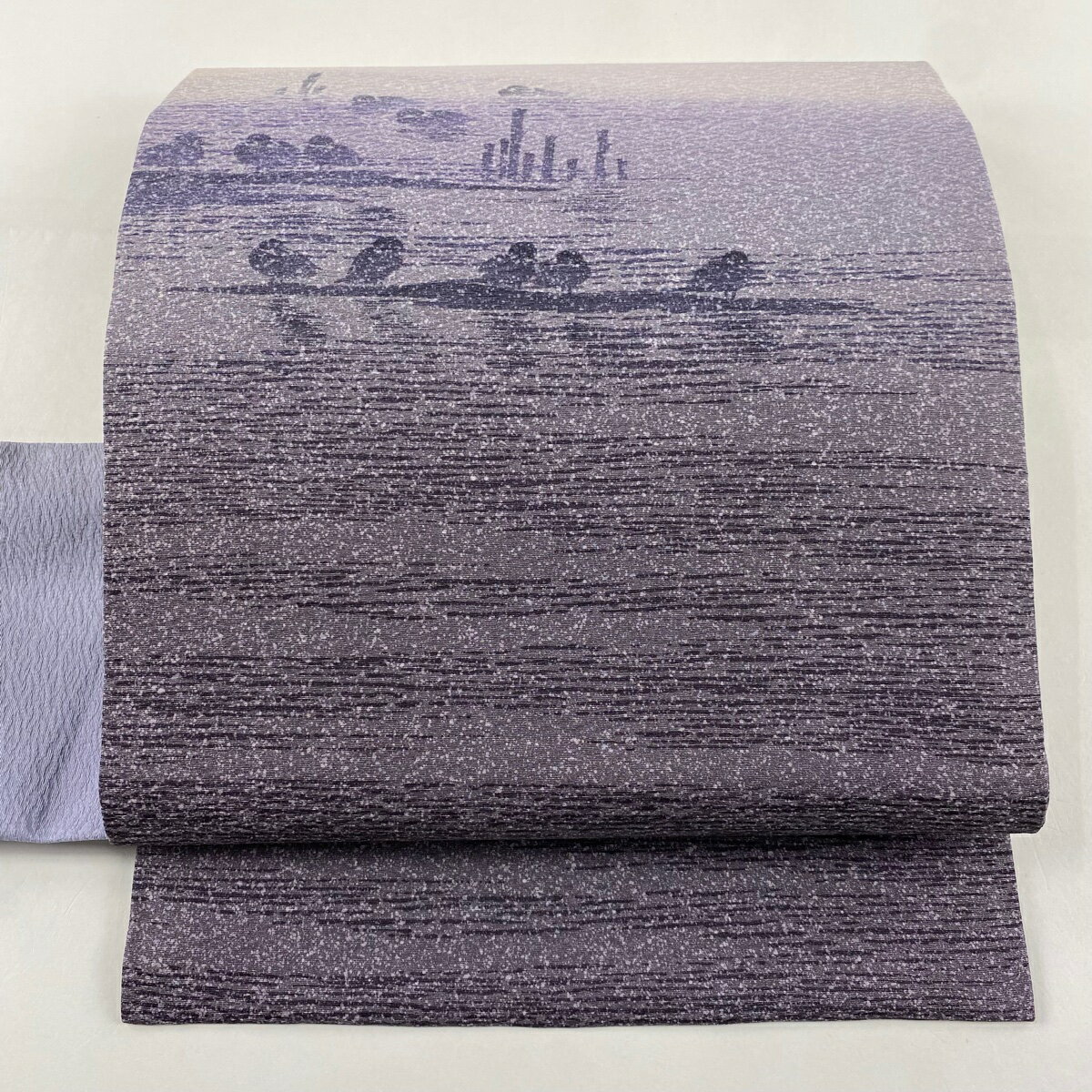 【美品】名古屋帯 秀品 落款あり 風景 鳥 灰紫 正絹 【中古】
