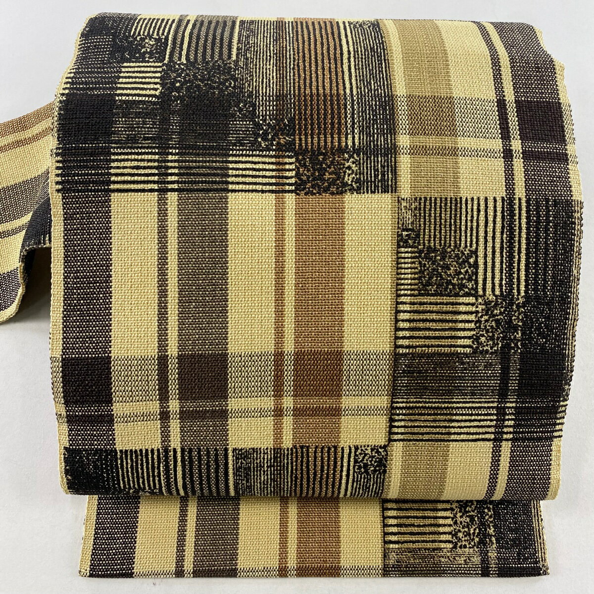 【美品】 名古屋帯 名品 八寸名古屋帯 格子 ベージュ 正絹 【中古】