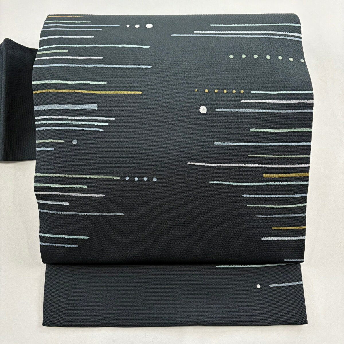 名古屋帯 秀品 縞 幾何学 深緑 正絹 【中古】