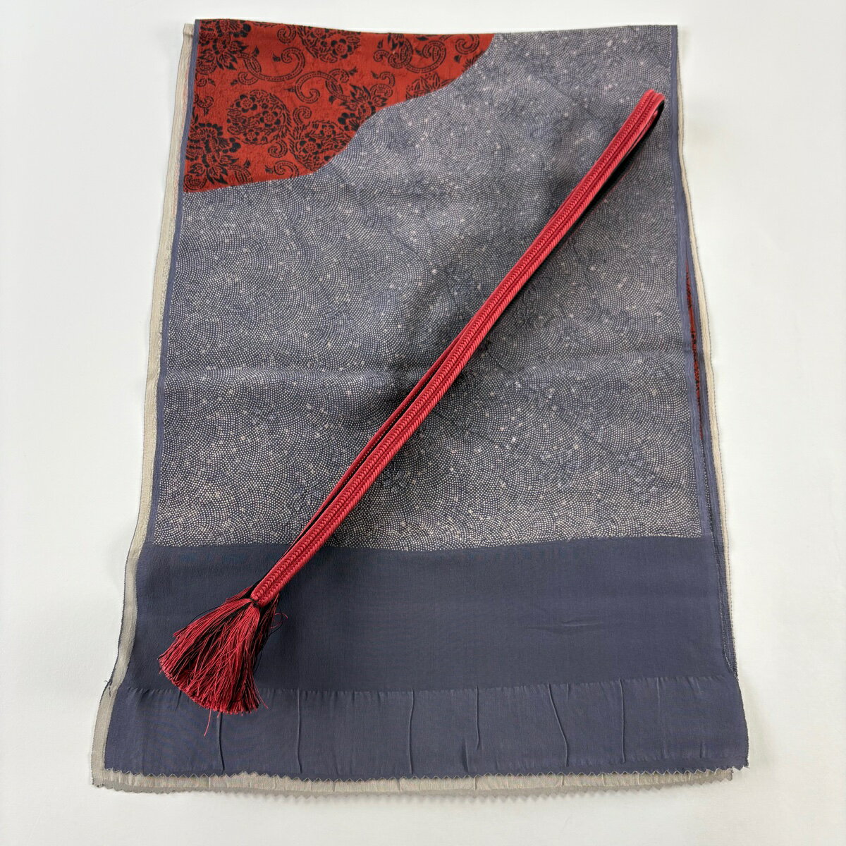 【美品】 和装セット 優品 帯締め帯揚げ2点セット 花唐草 鮫 灰紫 正絹 和装小物 【中古】