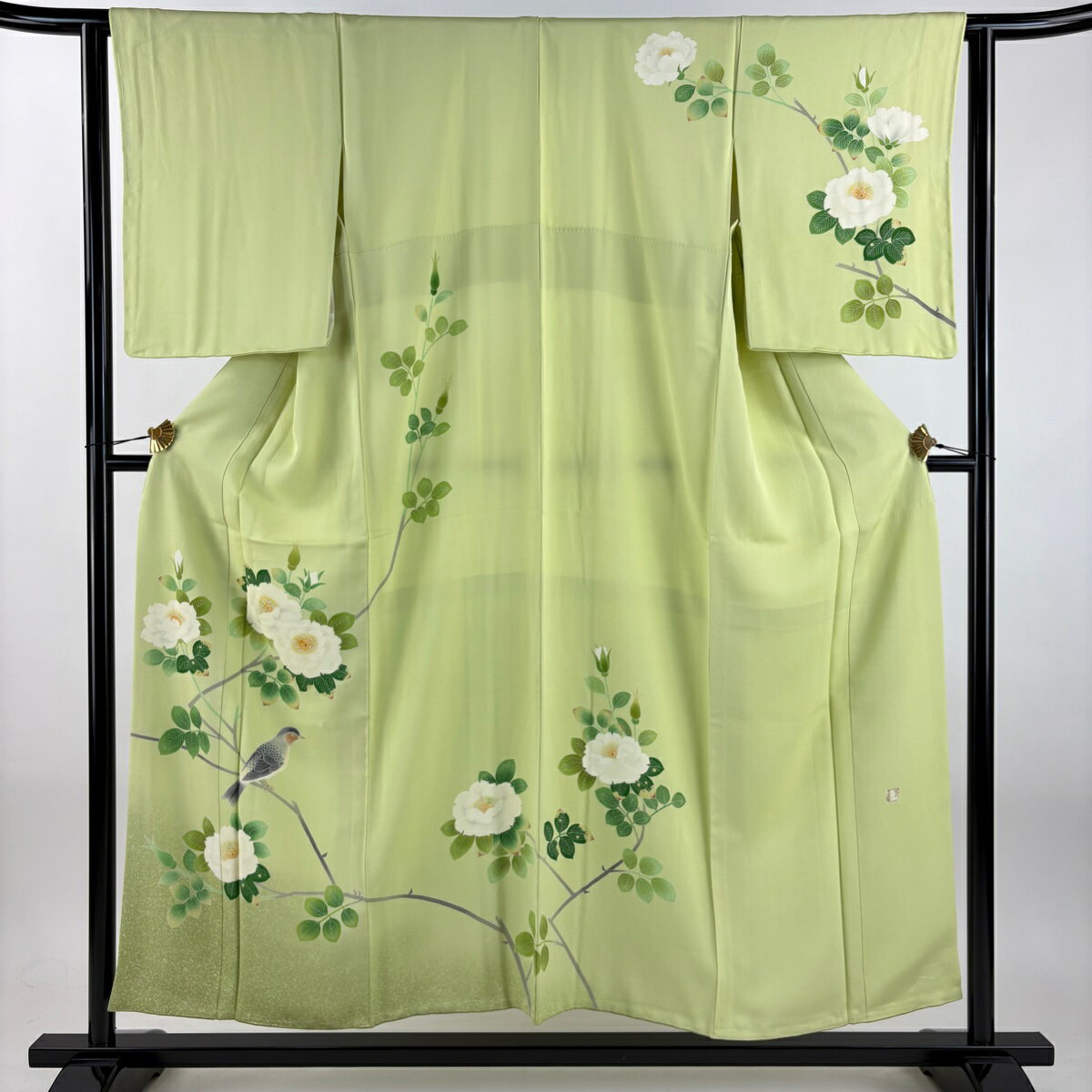 訪問着 身丈152.5cm 裄丈63cm S 袷 人間国宝 羽田登喜男 落款あり 枝花 鳥 裾ぼかし 抹茶色 正絹 逸品 【中古】