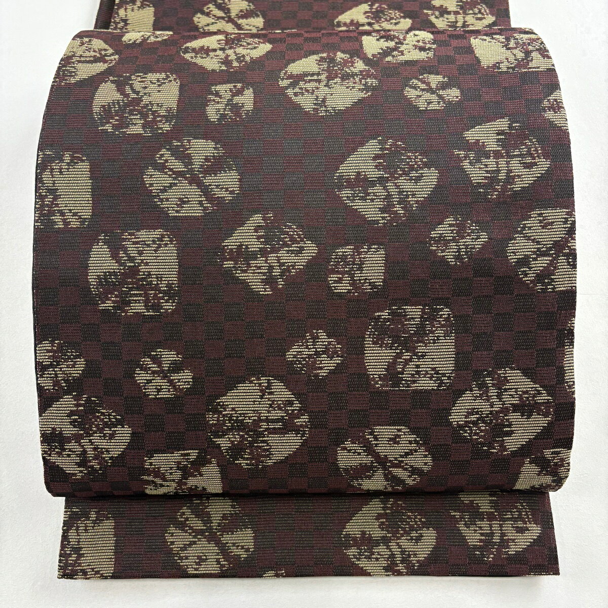 【美品】 袋名古屋帯 優品 市松 幾何学 赤茶 化繊 【中古】