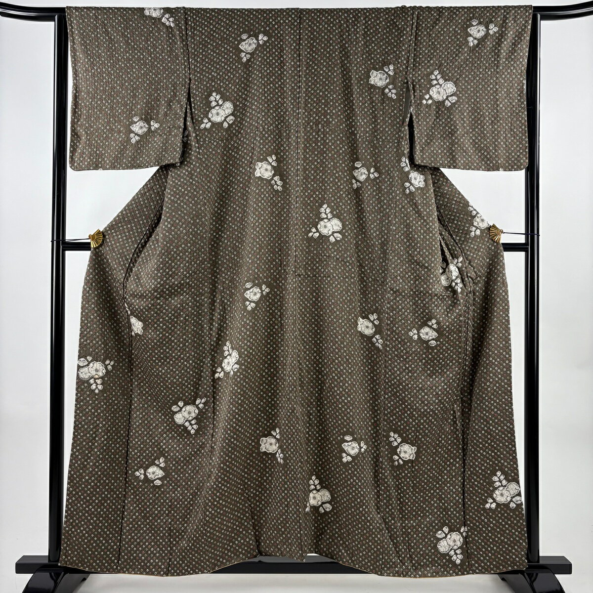 小紋 身丈156.5cm 裄丈64cm M 袷 草花 幾何学 絞り 茶緑色 正絹 秀品 【中古】(4)