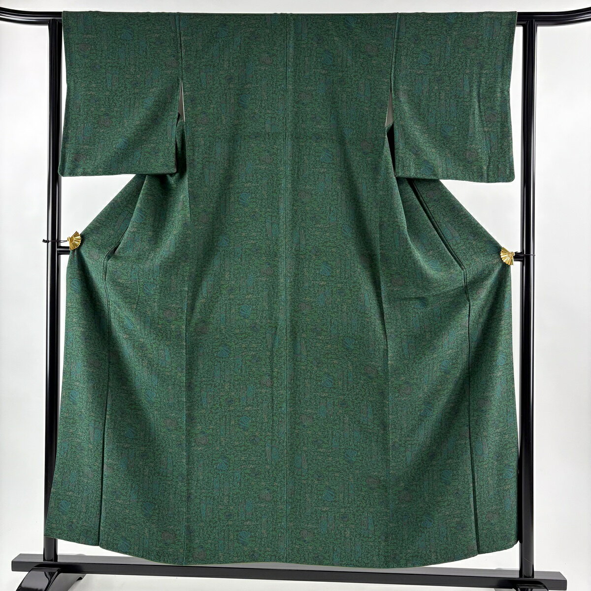 【美品】 江戸小紋 身丈155.5cm 裄丈62.5cm S 袷 人間国宝 中村勇二郎 落款あり 天女 花唐草 深緑 正絹 逸品 【中古】