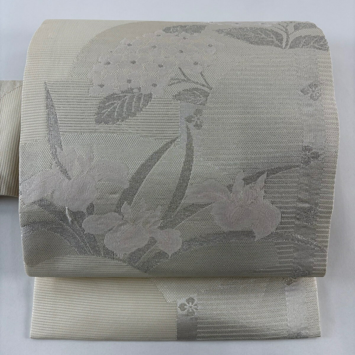 【美品】 名古屋帯 秀品 夏帯 紫陽花 菖蒲 銀糸 箔 クリーム 正絹 【中古】