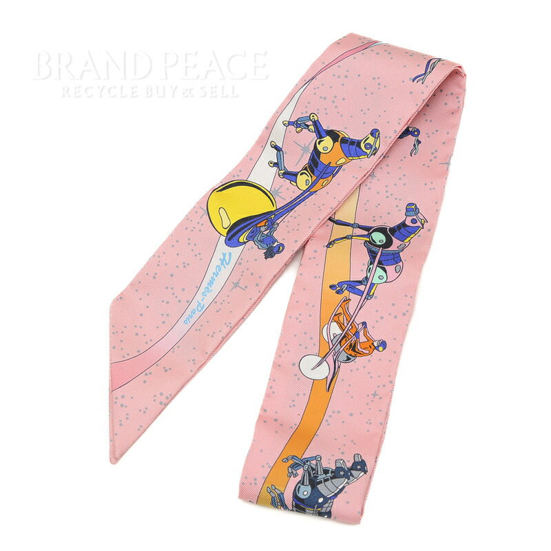 エルメス ツイリー スペースダービー ローズ/ブルー/ジョーヌ シルク100%【中古】 BP 【送料無料】