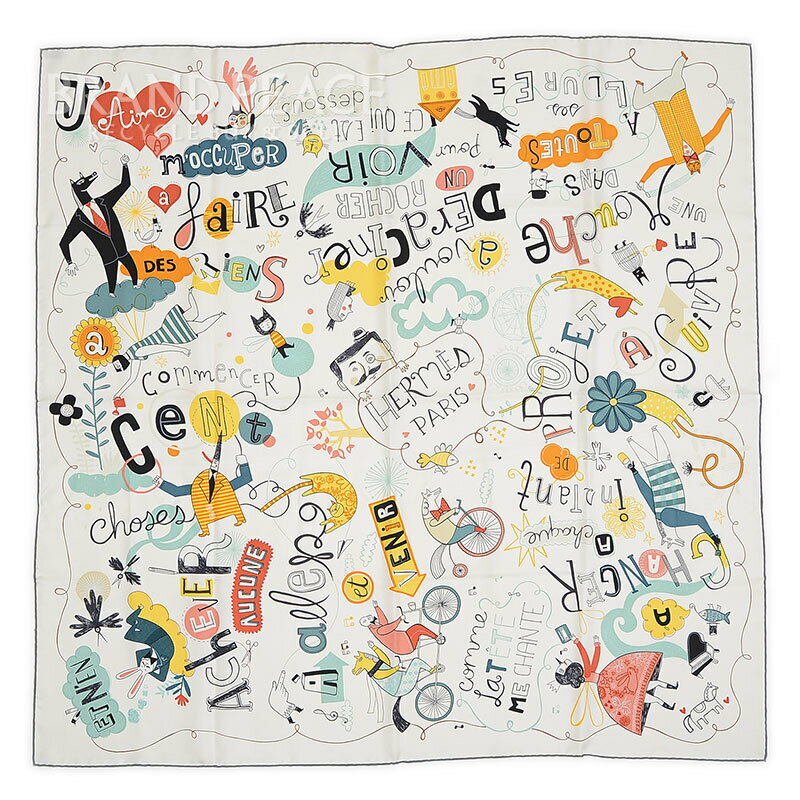 エルメス カレ90 スカーフ 告白 Les Confessions ホワイト/ジョーヌ/ブラック シルク100%【中古】 BP 【送料無料】のサムネイル