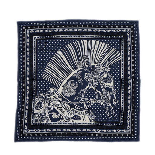 エルメス カレ65 Cheval Punk Bandana カシミヤ/シルク マリーン/ブラック/ホワイト【中古】 BP 【送料無料】 エルメス カレ65 Cheval Punk Bandana カシミヤ/シルク マリーン/ブラック/ホワイト【中古】 BP 【送料無料】
