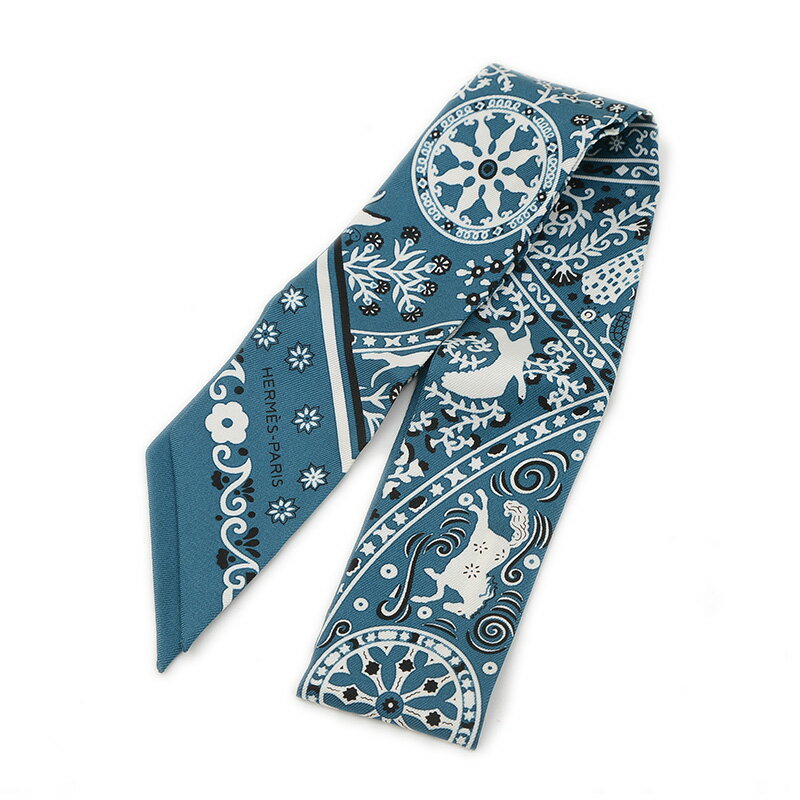 エルメス ツイリー 風の民 キュラソー/ノワール/ブラン シルク100%【中古】 BP 【送料無料】