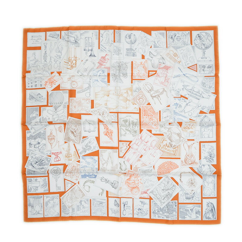 【未使用品】エルメス カレ90 フォーブルの切手愛好家 オランジュキュイ/ホワイト/グレー【中古】 BP ..
